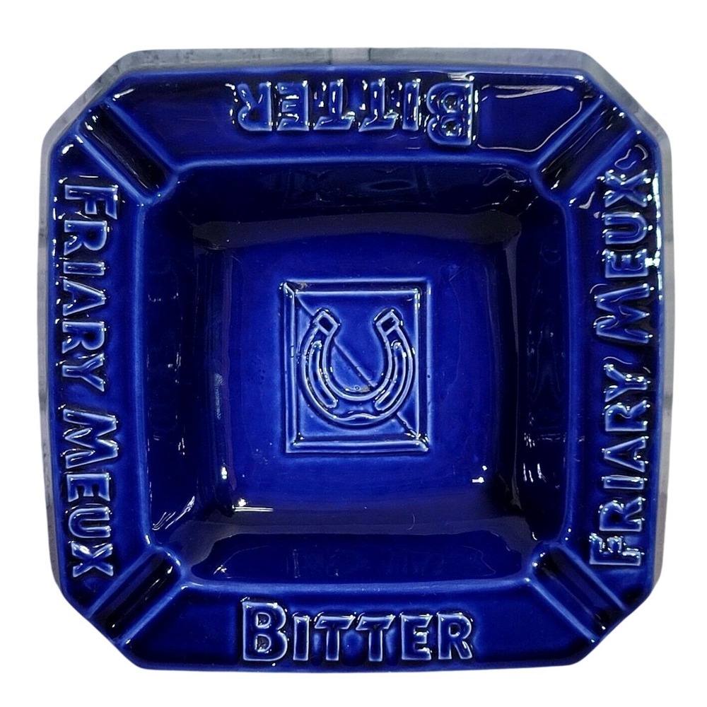 Vintage Friary Meux Bitter Cobalt Blueβ Ceramic Ashtray Horseshoe Logo Barware